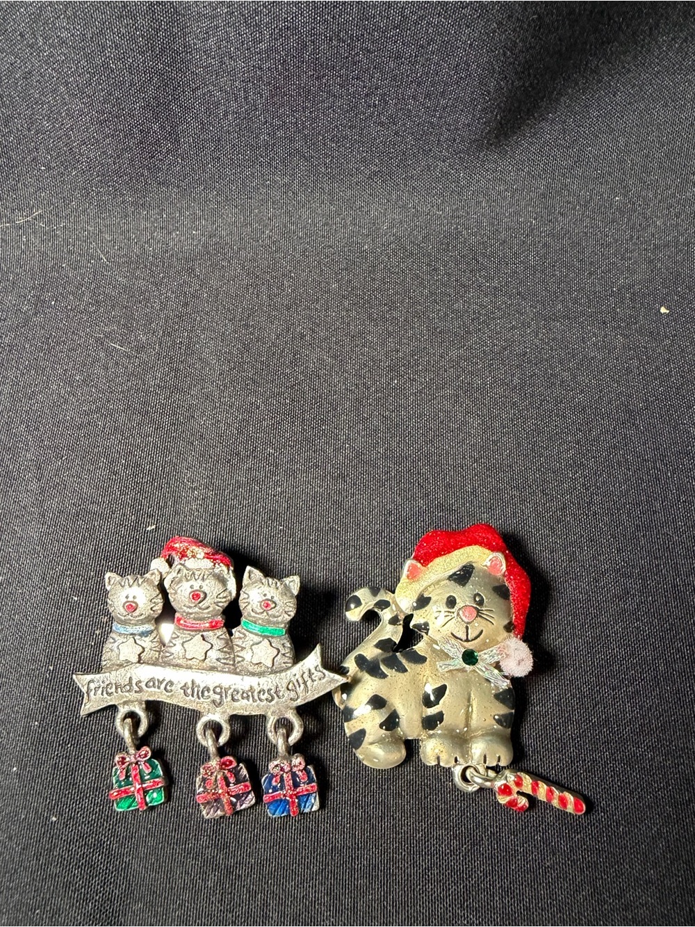Lot Of 2 Christmas Cat Brooches Both Signed AJMC